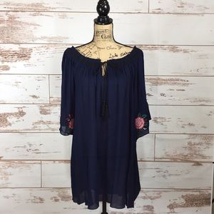 Navy Blue Dress with Embroidered Roses